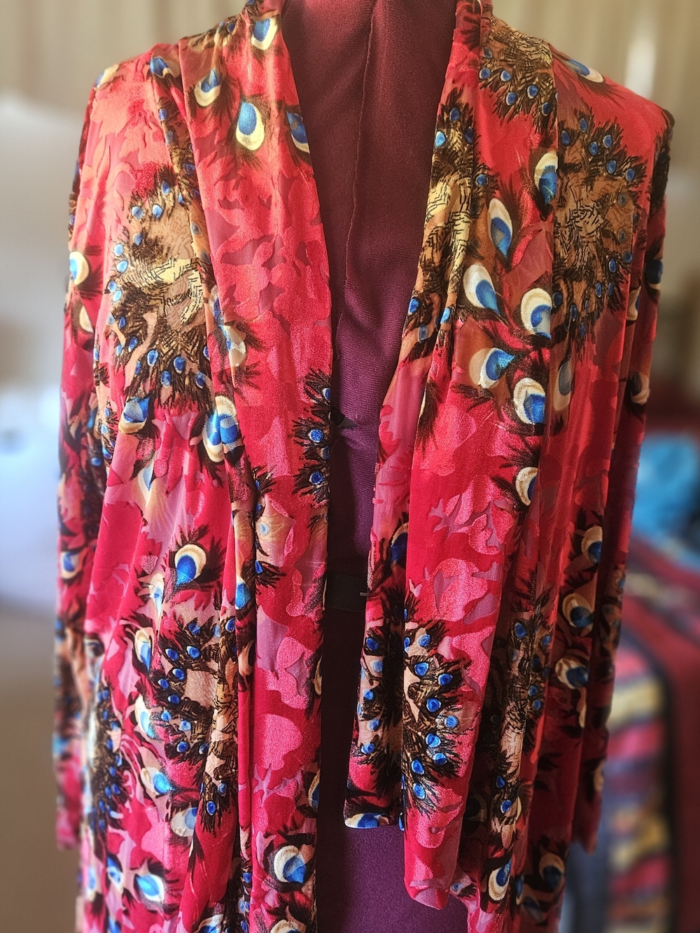 Jistar Women's Red Peacock-Print Open Front Cardigan Size M